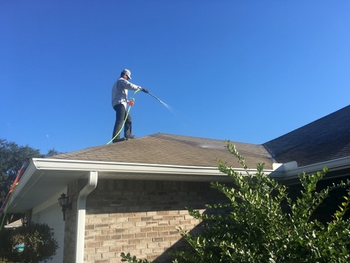 Soft-wash roof cleaning removing black algae streaks
